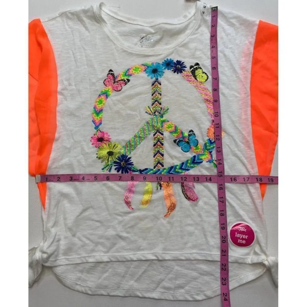 Justice Girls Top White Neon Dream Catcher Peace Butterfly Side Knot Sz‎ 18 NEW
